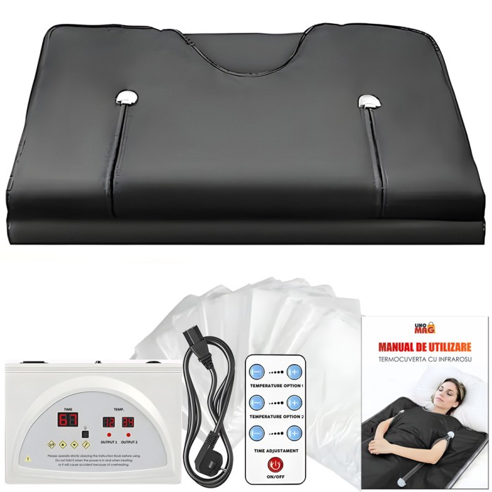 Termocuverta tip Sauna cu Doua Zone Infrarosu, LINOMAG&reg;, 10 Folii Impachetari, Ardere Grăsimi, Relaxare, Detoxifiere, 35&deg;C-80&deg;C, Negru, 180x80cm