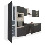 Mobilă de bucătărie Yorki 340, corp alb, față antracit satinat, frigider cu congelator inferior