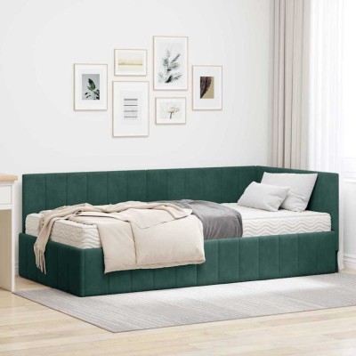 vidaXL Cadru de pat colțar cu saltea Verde &amp;icirc;nchis 100 x 200 cm Catifea 3393870 foto