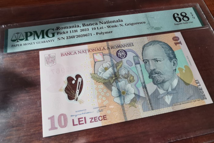 Bancnota 10 lei 2023, PMG 68EPQ