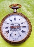 G272-Ceas buzunar mare vechi REGULATEUR sigla cu Tren bronz si metal nefunctional defect.