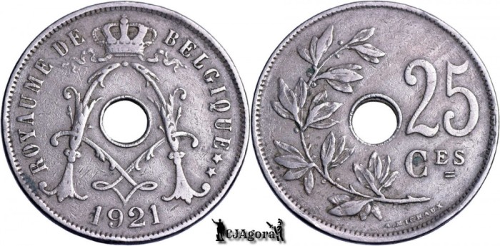 1921, 25 Centimes - Albert I - Regatul Belgiei - inscripție franceză