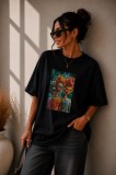 Tricou dama negru din bumbac cu imprimeu 3 fete cu turban