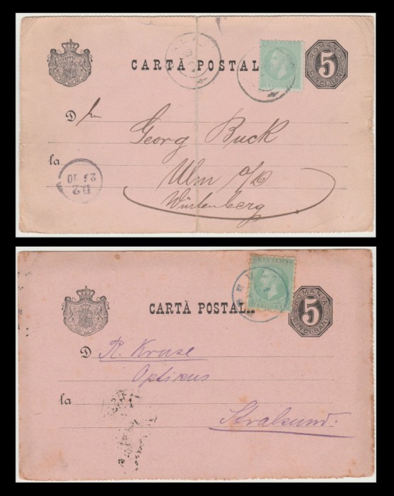 1883-1886 Romania - 2 intreguri circulate cu marci Bucuresti II verde deschis
