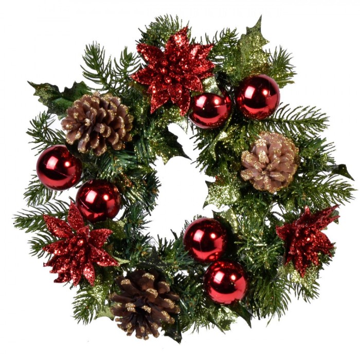 Inel Decorativ Crăciun, Model Conuri Crăciunițe Roșii Pomușoare, Diametru 32cm, Multicolor