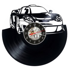 Ceas de perete decorativ realizat din disc de vinil, Model Masina Sport Porsche Carrera GT, Supercar, Negru Premium, 30 cm