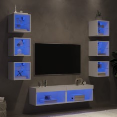 vidaXL Unități de perete TV cu LED-uri, 8 piese, alb, lemn prelucrat 3216633