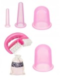 Cumpara ieftin Set ventuze silicon masaj facial si corporal, rola anti celulitica, 4 ventuze + rola + sac textil, roz