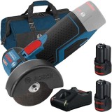 Bosch GWS 12V-76 + 1600A019RD + 1619BZ0100 - Polizor unghiular 76 mm + Set 2 acumulatori si incarcator Li-Ion 12 V 3 Ah + Geanta textila