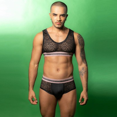Set Lenjerie Barbati 2 Piese, Plasa, Banda Roz Elastica, Negru, S/M foto