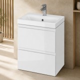 Cumpara ieftin Baza si lavoar ceramic CS9731, mobilier baie suspendat 50 cm, dreptunghiular, front MDF, 2 sertare, glisiere soft close, alb