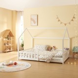Cumpara ieftin Pat Copii Hesel tip Casuta Montessori cu Protectie Impotriva Caderilor, Dimensiuni 120x200 cm, Lemn de Brad, Alb, [en.casa]