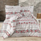 Cumpara ieftin Lenjerie pat dublu,bumbac ranforce,4 piese,alba cu flori rosii,ArhaicV1-A1320