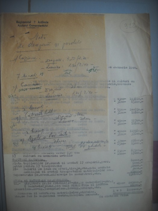 HOPCT DOCUMENT VECHI 322 DEVIZ OFERTA COMANDANT-REGIMENTU 7 ARTILERIE BUZAU 1944