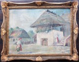 Cumpara ieftin Meseșan-&quot;Ţărăncuţe &icirc;n faţa casei&quot; - pictură veche