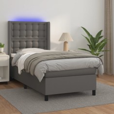 vidaXL Pat cu arcuri, saltea și LED, gri, 90x190 cm, piele ecologică 3139359