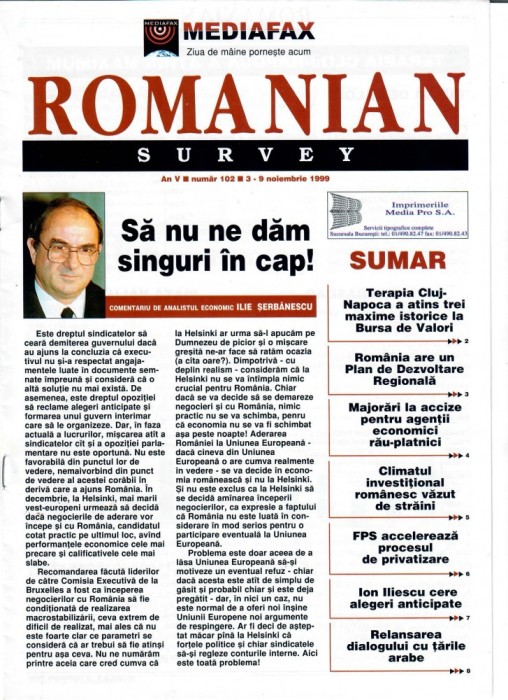 Romanian Survey, nr. 102, 3- 9 noiembrie 1999