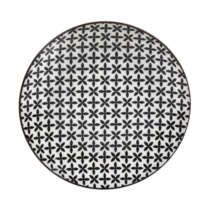 Farfurie Intinsă, Porțelan, Model Flori, Alb/Negru, 19cm