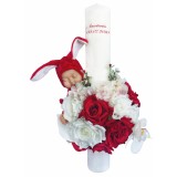 Lumanare botez, 40 cm, fetita, Eventissimi, cu flori si somnoros, alb rosu