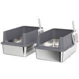 PawHut Set de 2 litiere XL din oțel inoxidabil, margine &icirc;naltă, 2 lopete, pentru pisici mari și mai mulți pui, gri &icirc;nchis | Aosom Romania