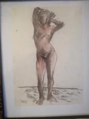 Nud I, tehnica mixta, lucrare veche, nesemnata, 42 x 30 cm fara rama foto