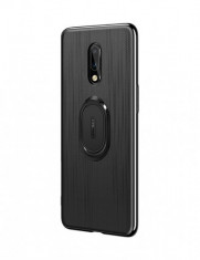 Husa cu inel metalic magnetic, OnePlus 7, neagra, functie suport, tpu si policarbonat, eleganta foto