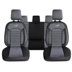 Set Huse Scaune Auto Panda Belek, material textil cu piele ecologica, cu fermoare pentru bancheta rabatabila, gri cu negru, 11 piese