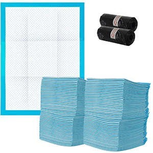 Set 100 covorase absorbante pentru catei, 30 saci inclusi, 33x45cm, alb/albastru