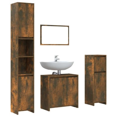 Set mobilier de baie, 4 piese, stejar fumuriu, lemn prelucrat foto