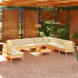 Set mobilier grădină cu perne crem, 11 piese, lemn masiv de pin