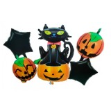 Set 5 baloane din folie metalizata, flippy, figurine, tema halloween, pai inclus, ambalaj individual, umflare cu aer sau heliu, figurina dovleac si pi