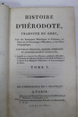 HISTOIRE D &amp;#039; HERODOTE , TRADUITE DU GREC , TOME V , 1802 foto