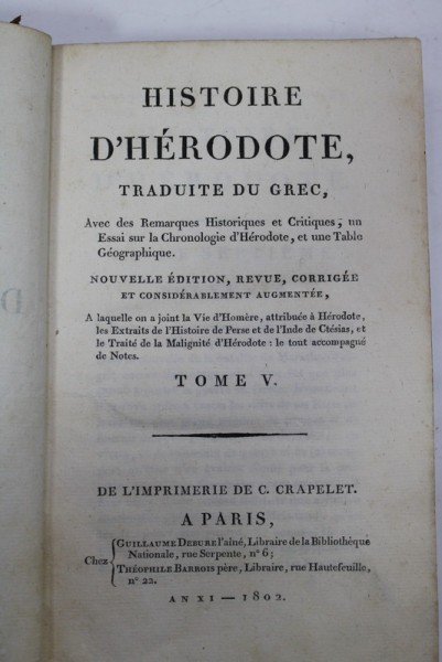HISTOIRE D &#039; HERODOTE , TRADUITE DU GREC , TOME V , 1802