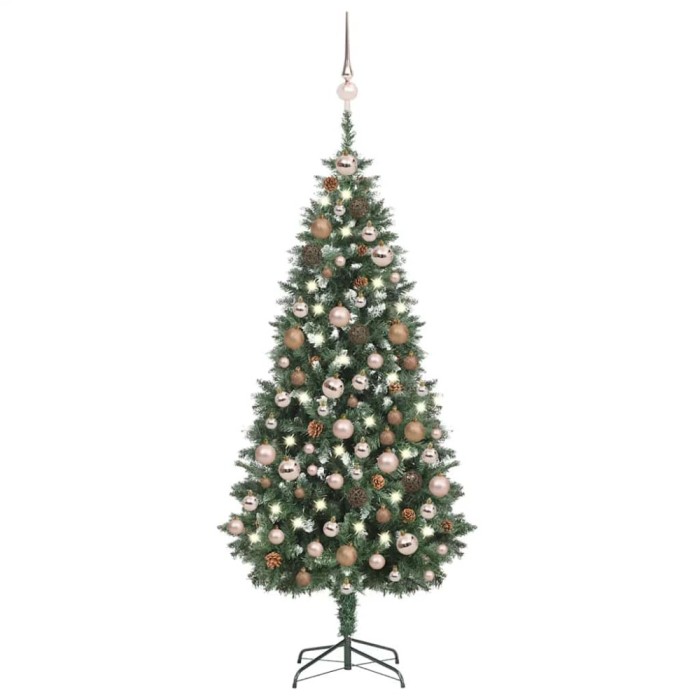 Brad Crăciun artificial pre-iluminat globuri/conuri pin, 180 cm
