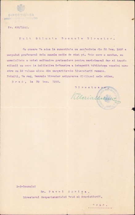 A1170 Mulțumiri protocolare pentru contribuția ASTRA, 1922, Școala fete către profesorul Pavel Oprișa, Brad, județul Hunedoara