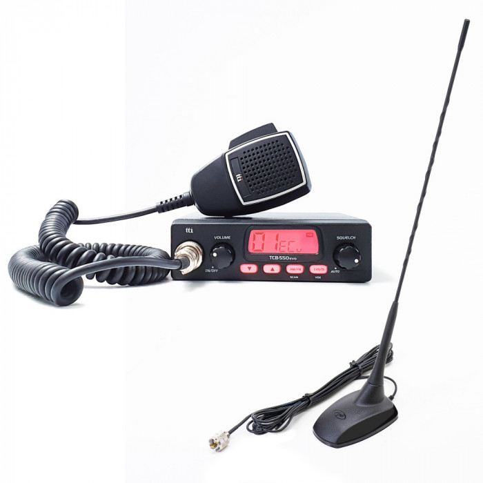 Kit statie radio CB TTi TCB-550 EVO, VOX, Filtru NB, 12-24V cu antena PNI Extra 48 cu magnet, 26-30MHz, 150W