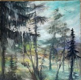 Tablou vechi Petre BEDIVAN (n.1928 , Caliacra, regiunea Cadrilater d. 19 feb.1982, Bucuresti) , ulei pe carton, arta romaneasca, peisaj montan, Flori, Acuarela, Realism