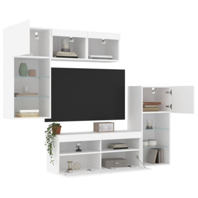 vidaXL Unități de perete TV cu LED-uri, 5 piese, alb, lemn prelucrat foto