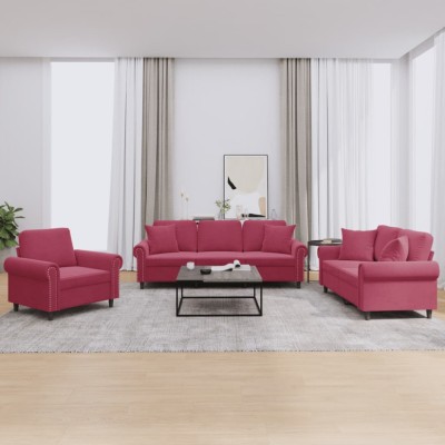 vidaXL Set canapele cu perne, 3 piese, roșu vin, catifea 3202194 foto