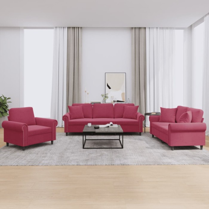 vidaXL Set canapele cu perne, 3 piese, roșu vin, catifea 3202194