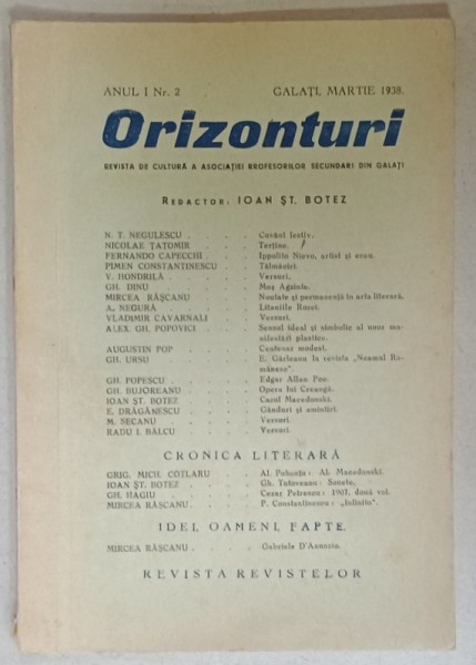 ORIZONTURI , REVISTA DE CULTURA A ASOCIATIEI PROFESORILOR SECUNDARI DIN GALATI , NR. 2, 1938