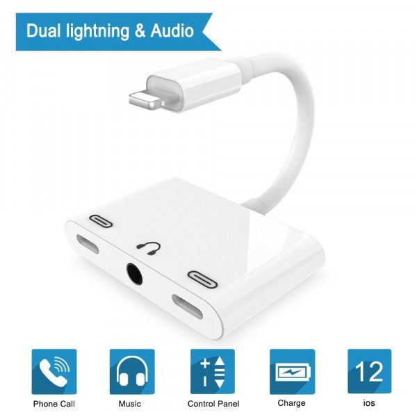 Adaptor Lightning la Jack Audio 3,5mm si 2 porturi Lightning Alb
