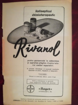 1937, Reclamă Rivanol, propagandă medicală intebelică, flyer Bayer, Romigefa SAR foto