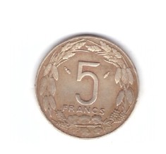 Moneda Africa Centrala 5 francs/franci 1975, stare buna, curata