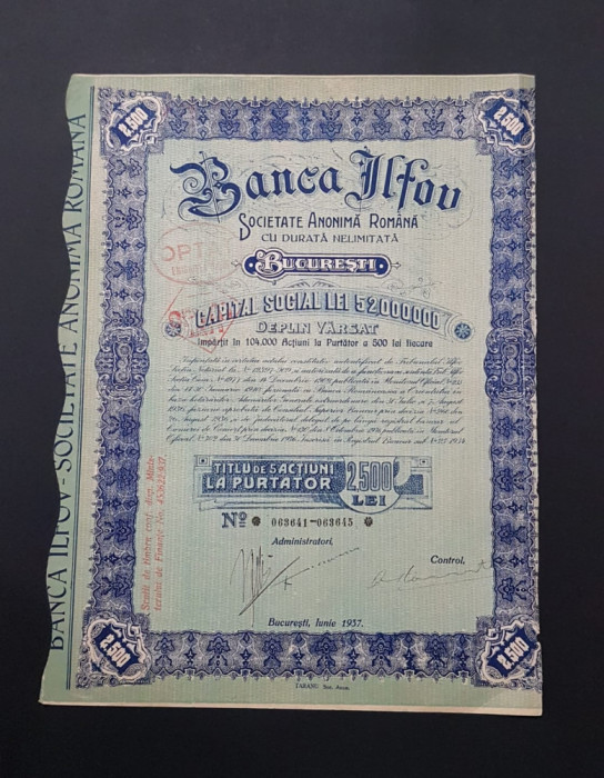 Actiune 1937 Banca Ilfov / titlu / actiuni