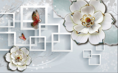 Tablou canvas Flori, fluturi si patrate, 45 x 30 cm foto