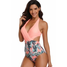 Costum de baie pentru femei dintr-o singura piesa, imprimeu portocaliu cu frunze verzi, marimea L, stil modern, perfect pentru plaja sau inot Portocal