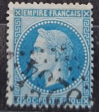Timbru Clasic Franța 1867 - Imperiul Francez, &Icirc;mpăratul Napoleon al III-lea Laureat, 20c Albastru, Ștampilat (Mi. 29) -A242