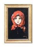 Tablou pictat manual inramat, Fetita cu basma rosie, 35x25cm ulei panza, reproducere Nicolae Grigorescu
