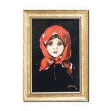 Tablou pictat manual inramat, Fetita cu basma rosie, 35x25cm ulei panza, reproducere Nicolae Grigorescu